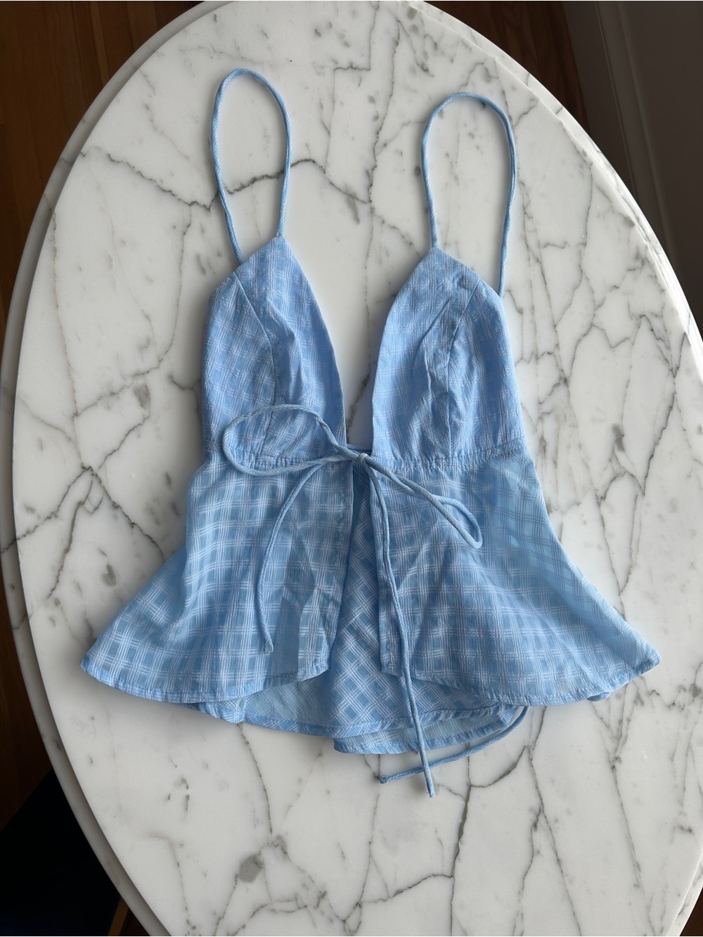 Princess Polly Light Blue Plaid Tie-Front Tank Top